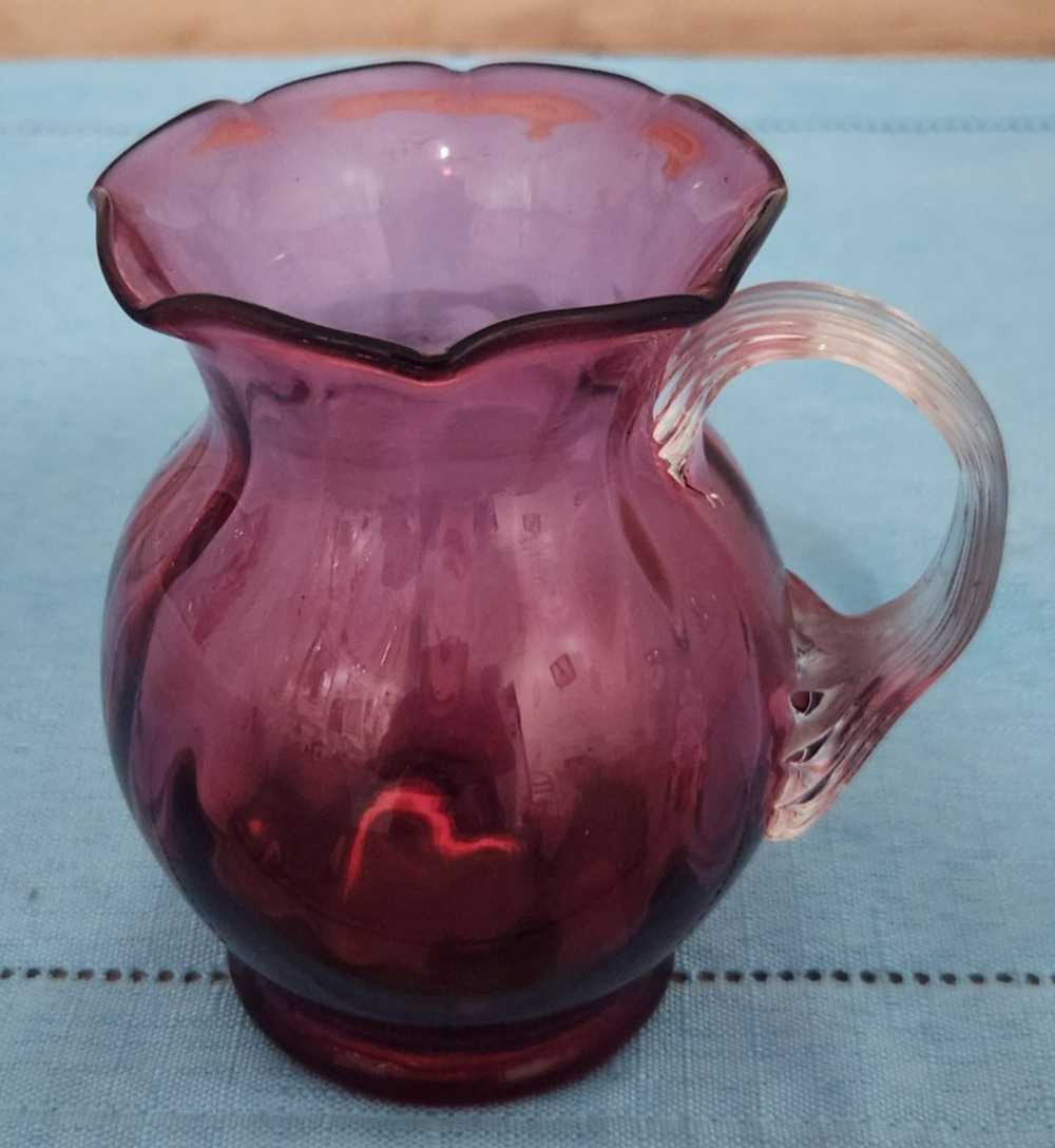 Vintage Pilgrim Cranberry Glass Ribbed Pitcher Clear Handle